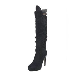 Black Over the Knee Slouch Boots with Stiletto Heel